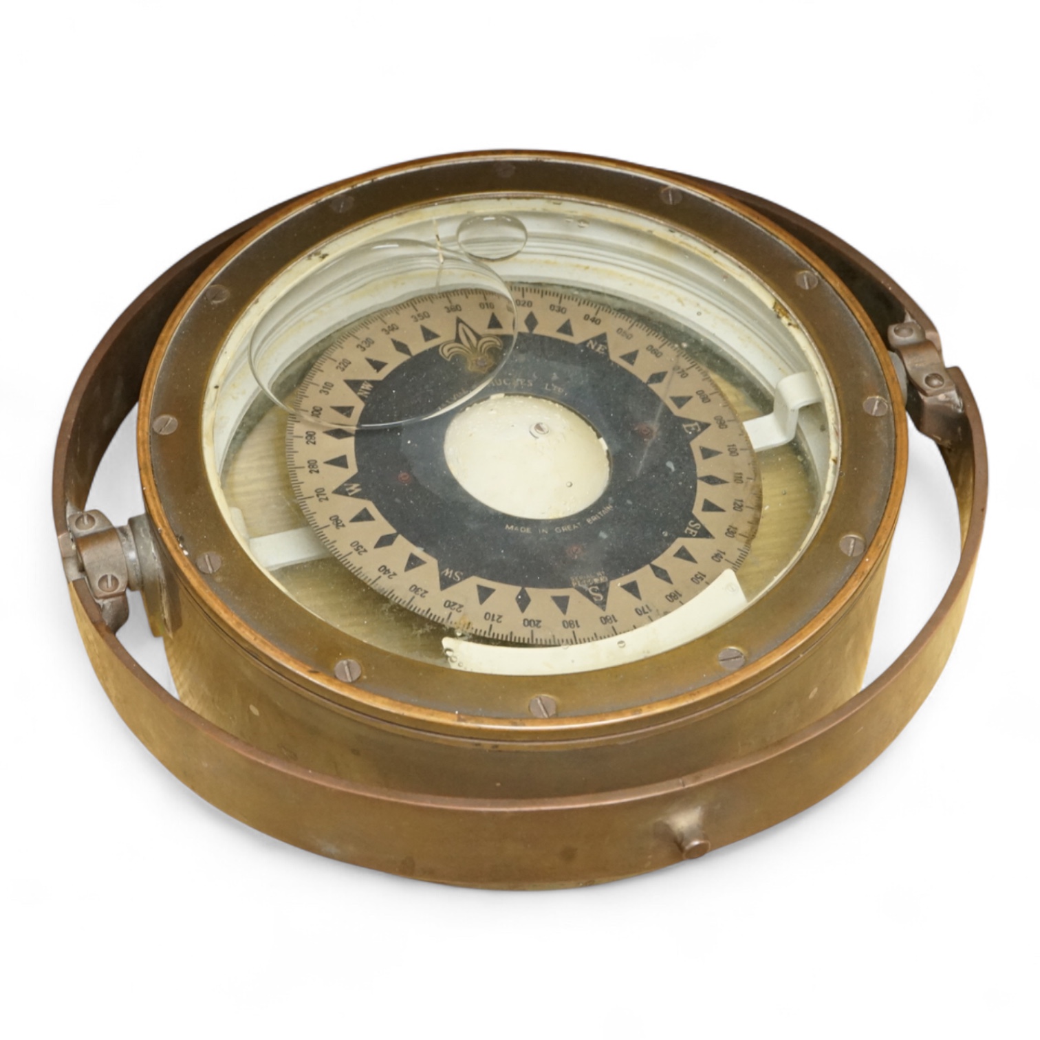 A gimballed brass cased ship's compass, by Kelvin & Hughes Ltd, 33cm diameter